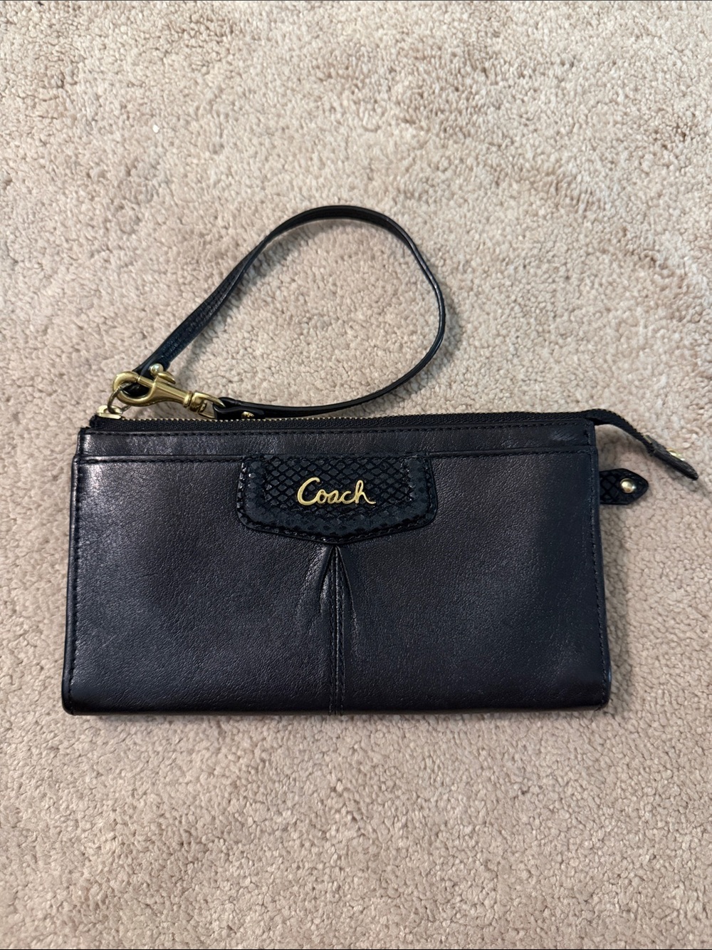 Vintage Coach Black Leather Wristlet with Gold Script Logo